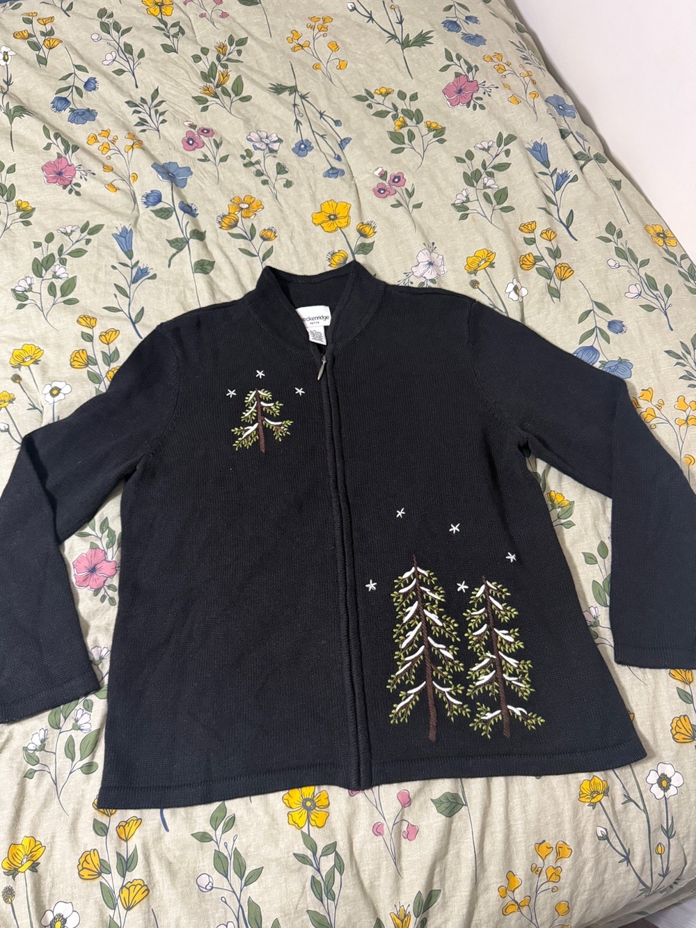 breckenridge Black Zip Front Jacket with Embroidered Evergreens